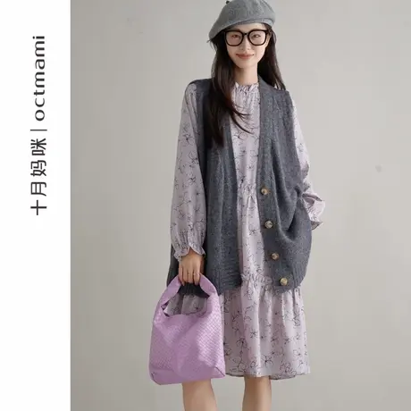 十月妈咪孕妇小立领连衣裙2025新款春秋外穿宽松遮肚长袖裙秋装商品大图