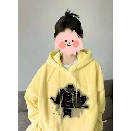 oversize连帽黄色卫衣女春秋冬季宽松韩系慵懒风加绒加厚上衣外套商品大图