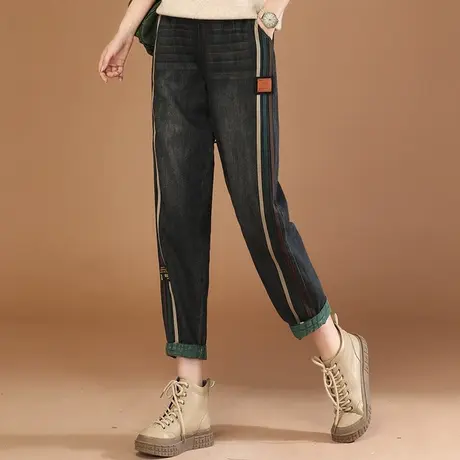 韩潮袭人松紧腰条纹撞色牛仔裤女2023秋冬新款宽松休闲百搭哈伦裤商品大图