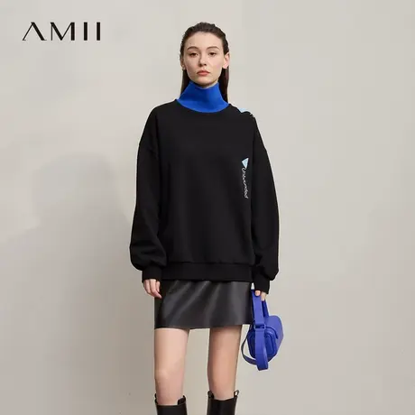 Amii2025冬新款学院风撞色高领落肩袖抓毛加绒微弹卫衣女商品大图