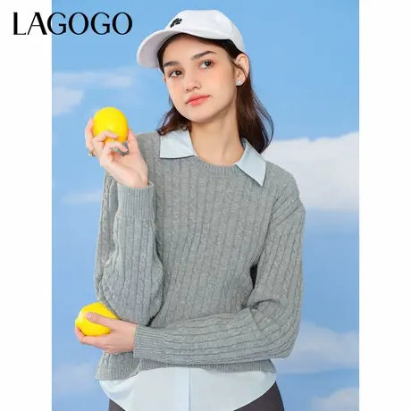 LAGOGO气质格雷系麻花毛衣女拉谷谷春季新款拼接假两件针织衫商品大图
