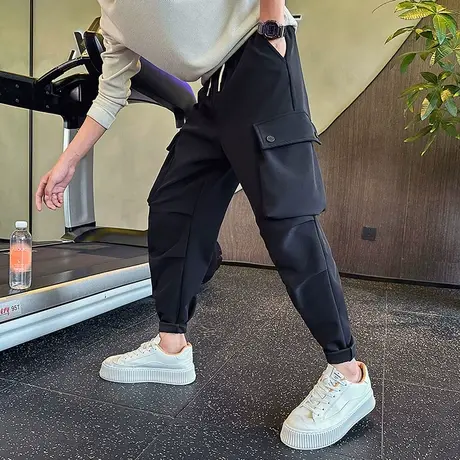 2023新款工装裤纯色秋季潮牌束脚哈伦男九分个性大口袋痞帅运动裤商品大图