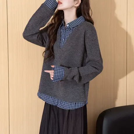唐狮秋冬季毛衣女超好看格子布拼接假两件翻领套头慵懒风TM商品大图