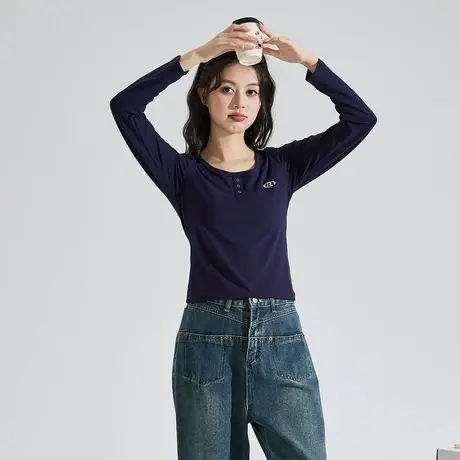 唐狮春秋季女长袖T恤u型领外穿打底衣藏青色修身正肩显瘦上衣TD商品大图