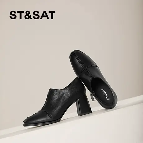 星期六英伦风粗跟乐福鞋女真皮通勤深口单鞋不累脚小个子高跟女鞋商品大图