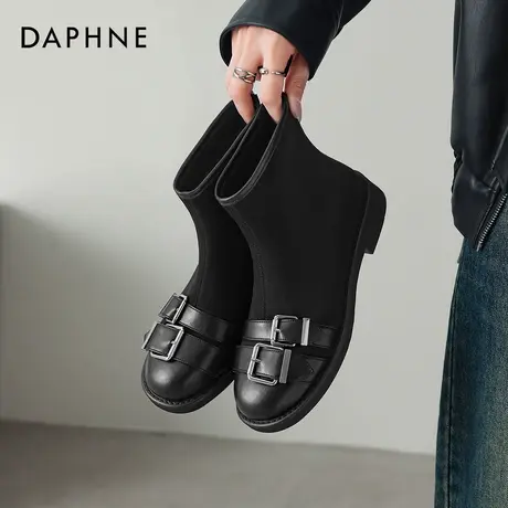 达芙妮黑色小短靴女冬季2026新款平底加绒马丁靴瘦瘦靴机车风皮靴商品大图