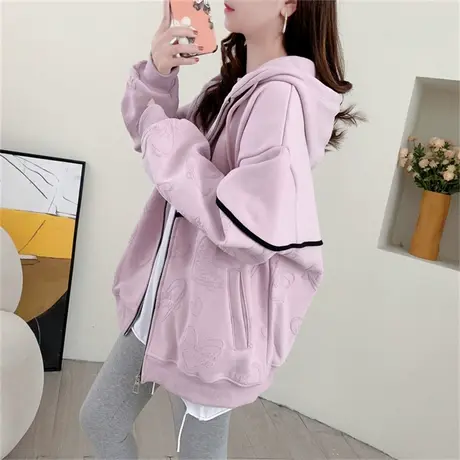 加绒加厚连帽卫衣开衫女秋冬2023年新款韩版宽松百搭bf风外套上衣商品大图