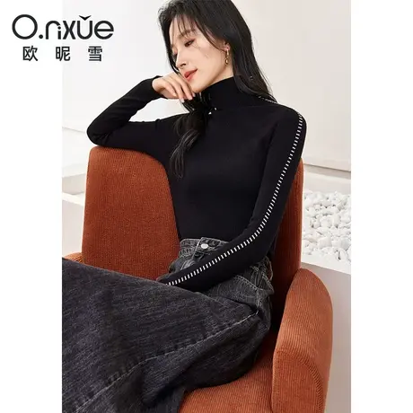 欧昵雪2023冬季新款简约高领软糯打底毛衣女长袖修身显瘦套头上衣商品大图