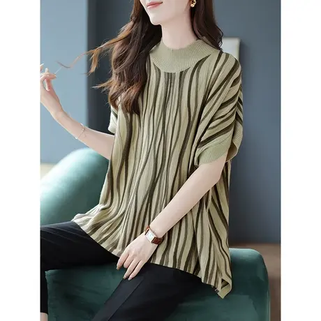 宝诗黎半高圆领蝙蝠短袖条纹针织衫2023早秋新款时尚宽松慵懒毛衣商品大图