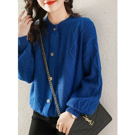 2023秋冬季新款圆领毛衣外套纯色洋气灯笼袖针织开衫百搭春秋外搭图片