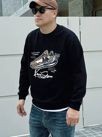 大依无忧秋新款大码男装落肩鞋子潮胖子加肥加大男款圆领长袖卫衣商品大图