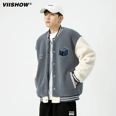 VIISHOW美式棒球服男秋冬加绒加潮牌青少年港风帅气仿羊羔毛外套商品大图