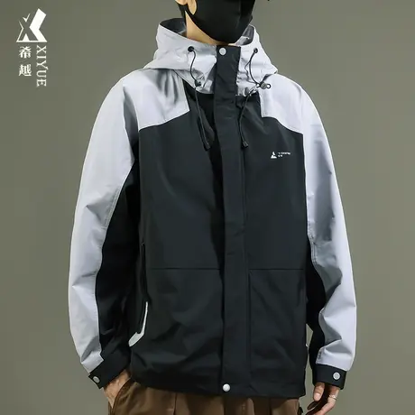 希越户外防风男士夹克秋冬拼接撞色连帽冲锋衣宽松大码时尚登山服商品大图