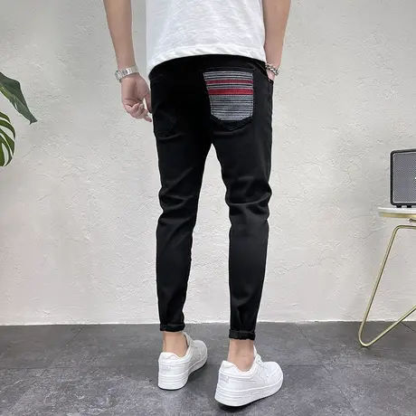 2023新款四季通用韩版修身贴布拼接小脚裤男百搭九分裤黑色铅笔裤商品大图