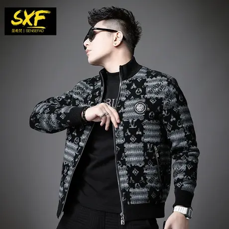 SXF圣希梵2023秋冬新款夹克男 潮流刺绣针织提花上衣修身男士外套图片