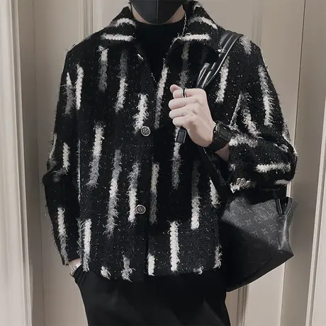 小香风撞色条纹设计高级感呢子外套男秋冬轻熟风青年短款加厚夹克图片