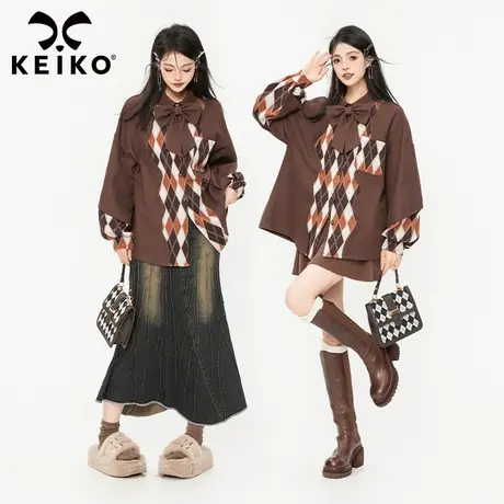 KEIKO [赠蝴蝶结领结]格纹拼色衬衣女2023新款美拉德穿搭气质上衣图片