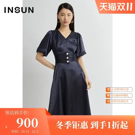 恩裳夏季时尚提花面料复古灯笼袖通勤X型连衣裙图片
