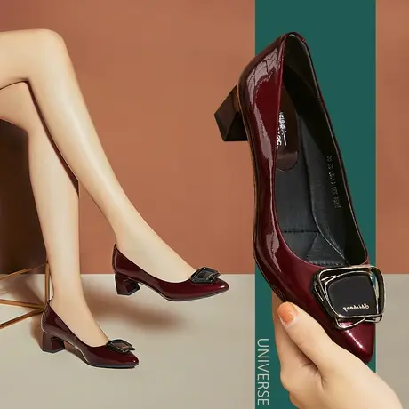 新款真皮女鞋全皮优雅舒适皮鞋尖头浅口软皮酒红色粗跟单鞋女商品大图