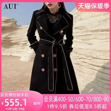 AUI欧洲站黑色中长款修身毛呢外套女2023冬新款名媛气质呢子大衣商品大图