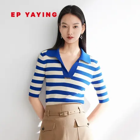 EP YAYING雅莹女装 简约V领条纹短款针织衫 2023新款9935A商品大图