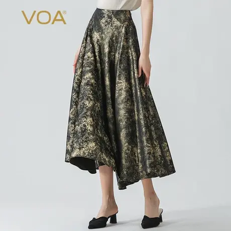 VOA色织提花桑蚕丝金钱草自然腰飘逸大摆时尚个性真丝半身裙图片