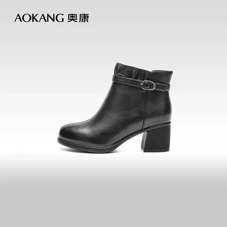 【门店发货】奥康女鞋 冬季新款加绒保暖时尚高跟短靴女士靴子商品大图