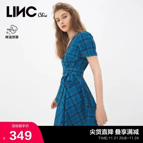 LINCCHIC金羽杰连衣裙高街甜酷格纹V领法式连衣裙女S222DR715图片