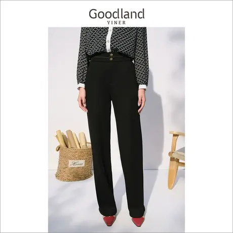 *Goodland美地女装冬季宽松休闲裤高腰设计感暖姜绒阔腿裤图片