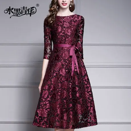 水墨青华春季新款气质优雅时尚礼服修身网纱提花大摆连衣裙商品大图