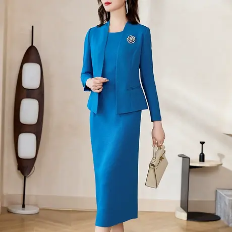 湖蓝色职业套装女2024春秋新款优雅端庄修身显瘦长袖西装两件套裙商品大图