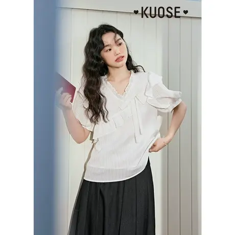 阔色不规则v领雪纺衬衫女2023新款夏季泡泡袖荷叶边宽松漂亮小衫图片