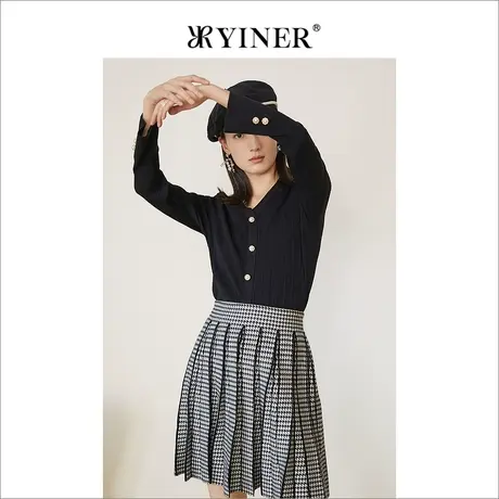 YINER音儿女装2022春季新款钉珠竖坑条纹V领针织开衫商品大图