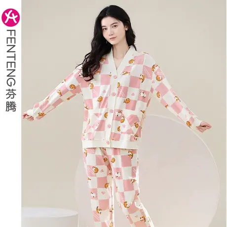 芬腾纯棉睡衣春秋长袖V领开衫卡通少女全棉宽松可外穿家居服套装商品大图