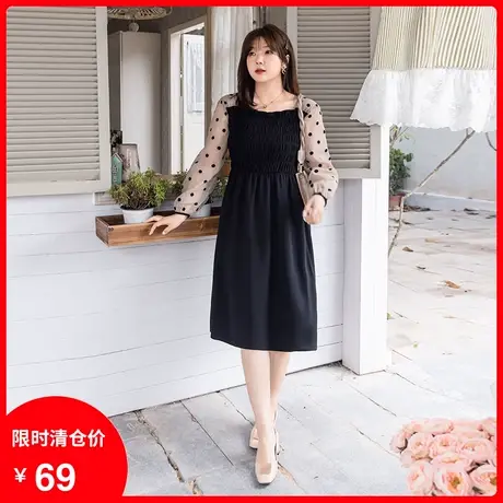 2024年春装新款法式方领松紧腰气质显瘦大码胖MM拼接波点A字长裙商品大图