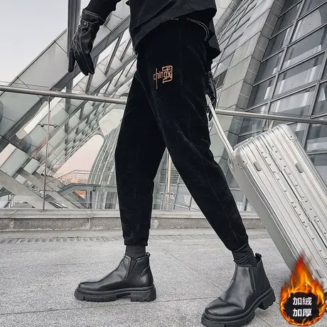 2023冬季裤子休闲裤哈伦裤加绒潮流束脚加厚潮牌华夫格运动卫裤男图片