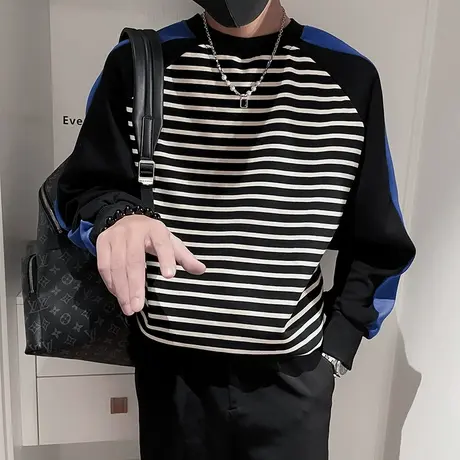 圆领卫衣男春秋季潮牌ins休闲打底衫潮流百搭拼色条纹青少年外套商品大图