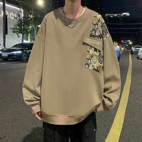 刺绣圆领卫衣男春秋季2025新款港风国潮宽松打底衫套头上衣服美式商品大图