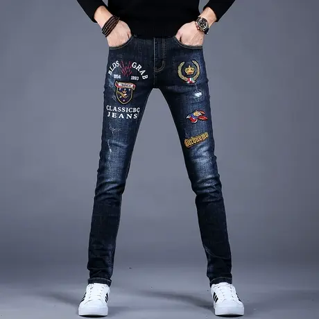 男士刺绣印花牛仔裤男款潮牌2023新款秋冬裤子男修身小脚韩版休闲商品大图