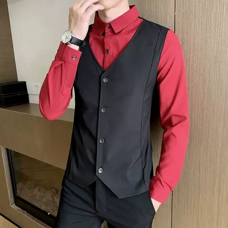 假两件衬衫马甲主持演出时尚上衣服男士潮流韩版帅气休闲长袖衬衣商品大图