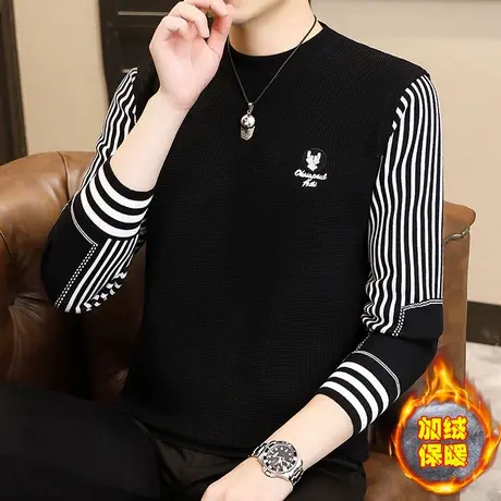 秋冬季圆领套头加绒毛衣男士潮流加厚针织打底衫时尚拼接保暖线衣图片