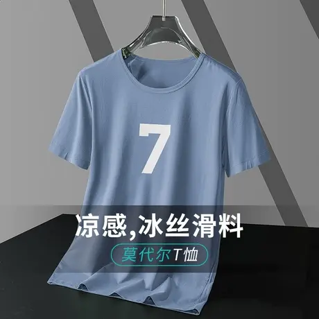 莫代尔短袖t恤男士夏季冰丝速干凉感上衣服半袖潮牌印花圆领体恤商品大图