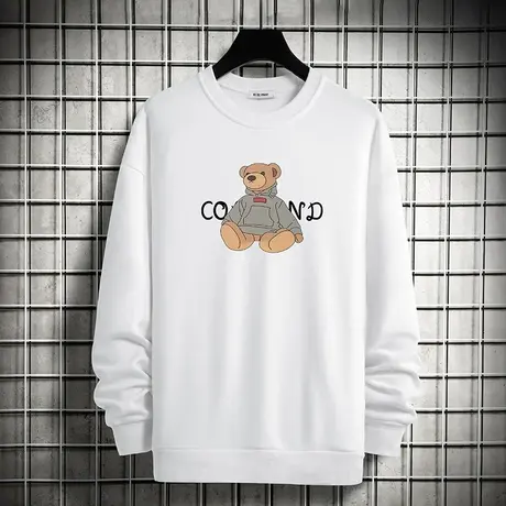 男士卫衣春秋款白色套头无帽上衣服加绒宽松潮流小熊圆领长袖t恤商品大图