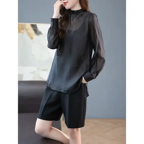 宝诗黎小立领木耳边长袖宽松套头衬衫女纯色内搭上衣2024春季新款商品大图