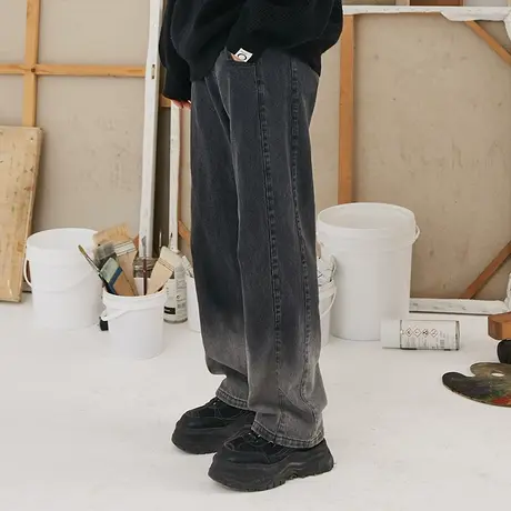 omont蛋挞家 渐变水洗灰色扎染高腰牛仔裤女春秋直筒宽松阔腿裤子商品大图