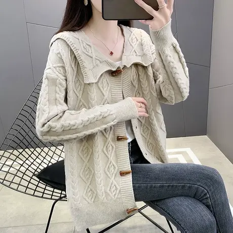 韩版毛衣开衫女秋装2023年新款春秋季洋气减龄宽松牛角扣针织外套图片