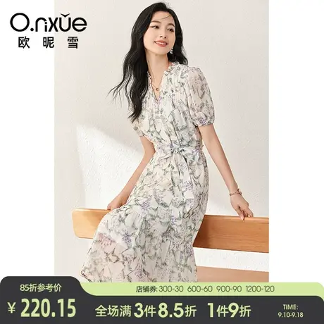 欧昵雪2023夏季新款连衣裙女气质V领短袖高腰套头雪纺花卉印花裙图片
