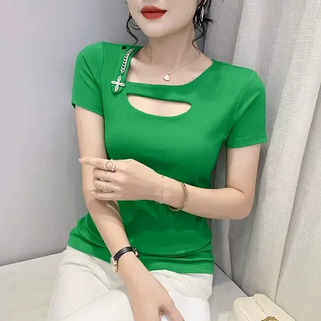 性感露肩短袖上衣女欧货洋气百搭小衫夏季修身显瘦t恤设计感小众图片