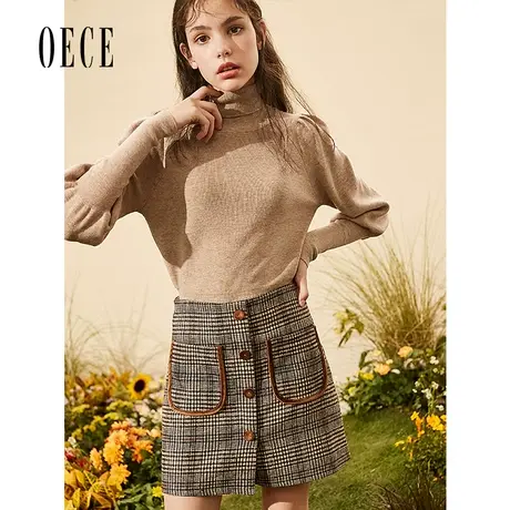 Oece秋冬新款女装 小复古香风格纹修身高腰呢短裙半身裙图片