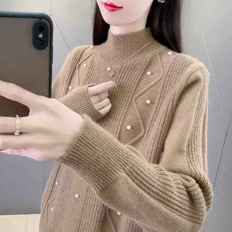 冬季2023年新款加厚半高领钉珠毛衣女宽松外穿秋冬内搭打底衫洋气商品大图